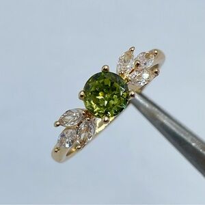 Olive Green CZ Solitaire Ring Gold Marquise Accent Dainty Vintage Style Ring
